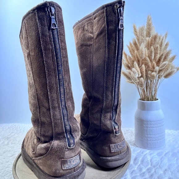 UGG Knightsbridge Brown Suede Shearling Women Size 8 Tall Back Zip Boots - Picture 12 of 15